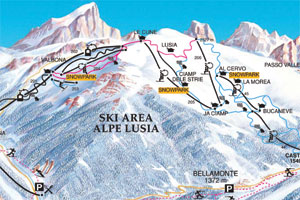 Mapa tras narciarskich ośrodka Val di Fiemme Bellamonte-Alpe Lusia