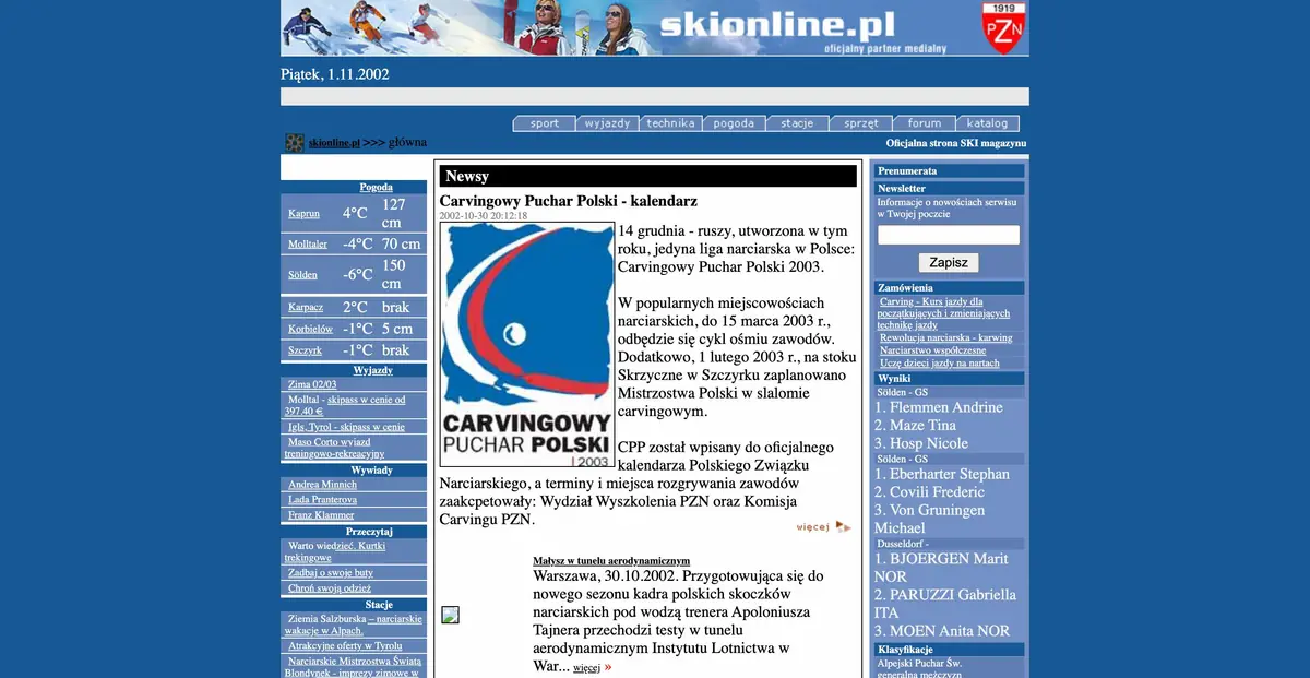 Strona główna skionline.pl 1 listopada 2002 roku: baner, menu działów i lista newsów na niebieskim tle