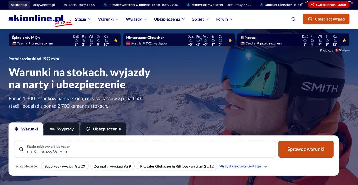 Nowa strona główna skionline.pl w 2026 roku: pogoda w ulubionych ośrodkach, hasło „Warunki na stokach, wyjazdy na narty i ubezpieczenie” i wyszukiwarka warunków z otwartymi stacjami