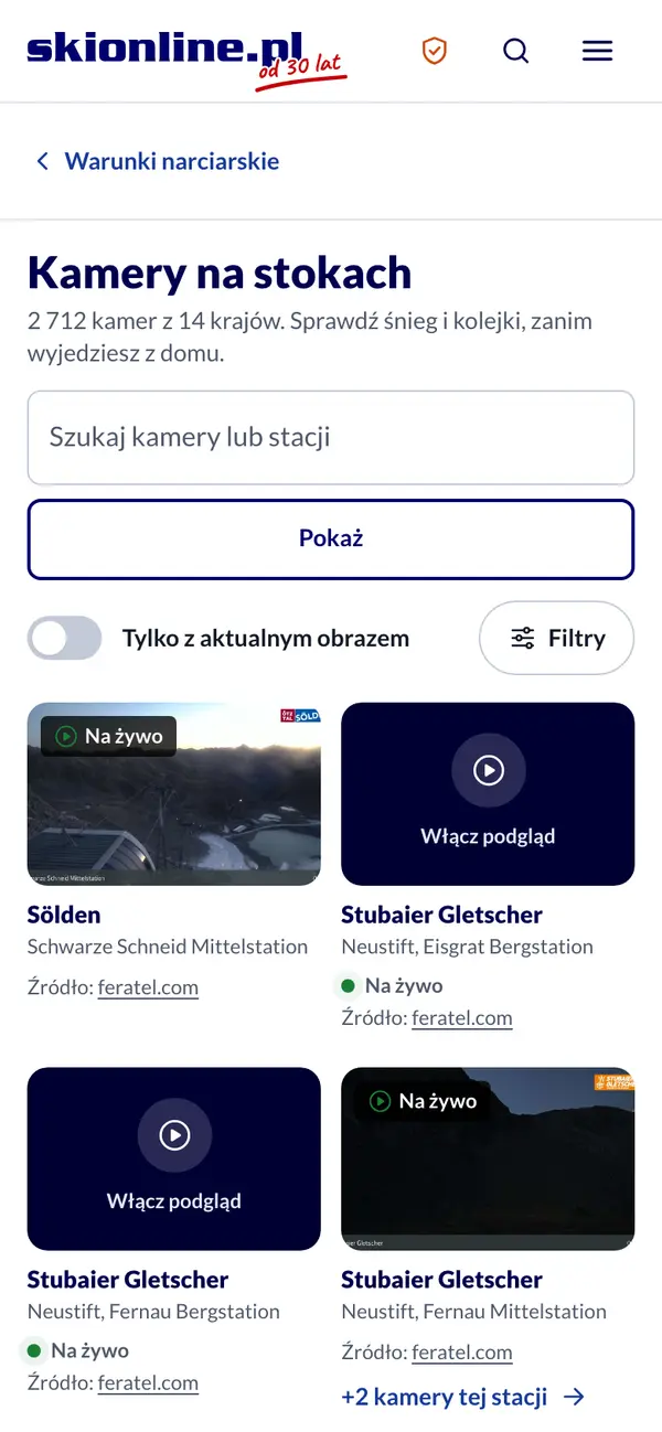 Kamery na stokach na telefonie: obraz z kamer w Sölden i na lodowcu Stubai