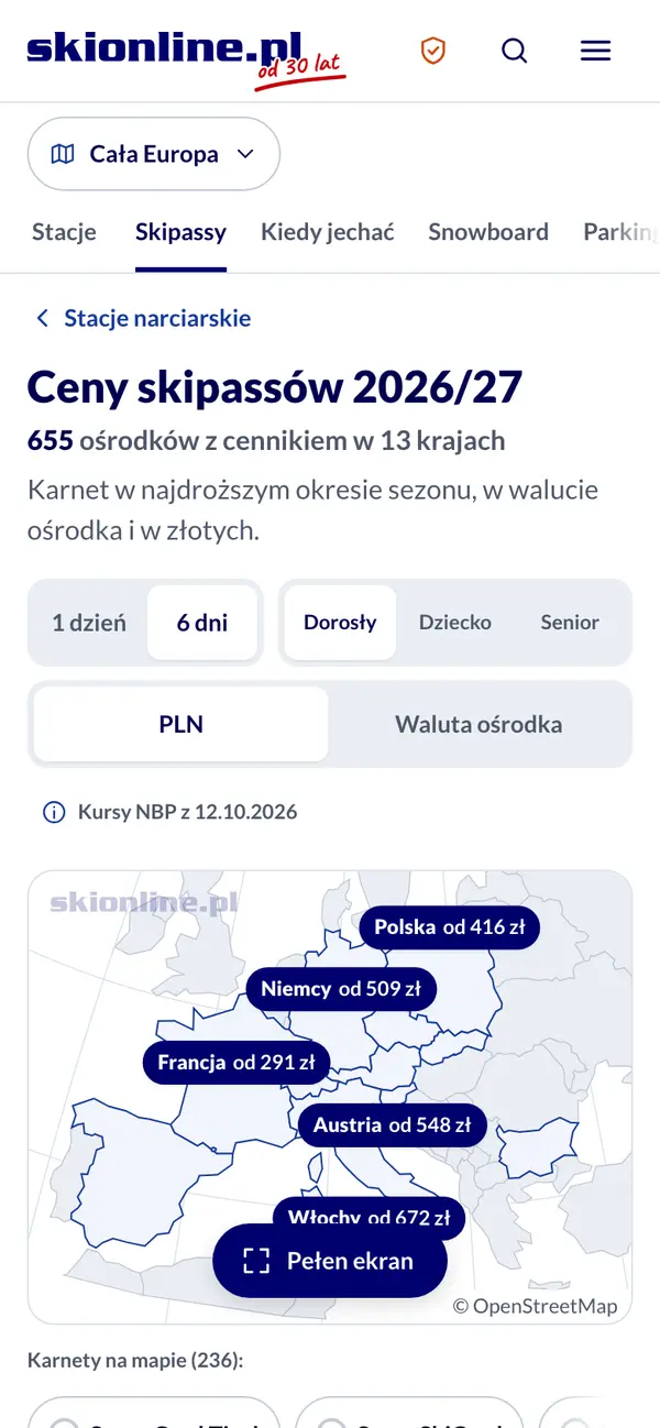 Ceny skipassów 2026/27 na telefonie: najtańsze karnety w krajach na mapie Europy