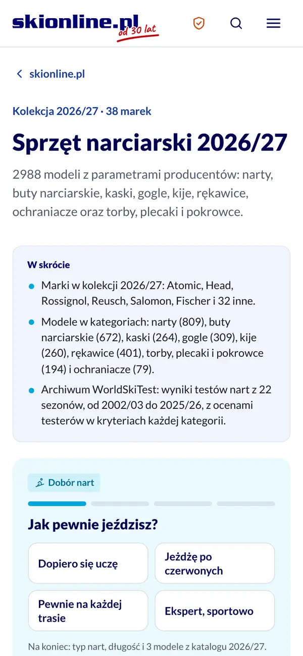 Sprzęt narciarski 2026/27 na telefonie: kolekcja 38 marek i dobór nart