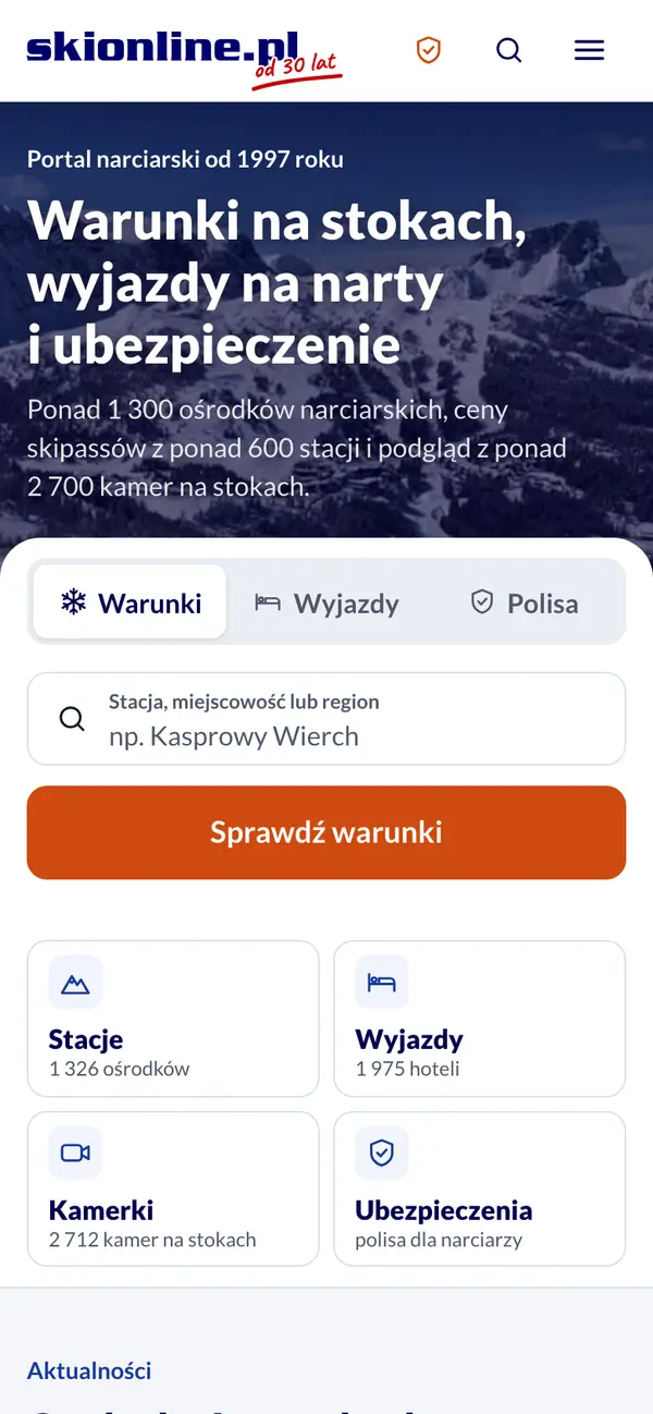 Strona główna skionline.pl na telefonie: wyszukiwarka warunków na stokach