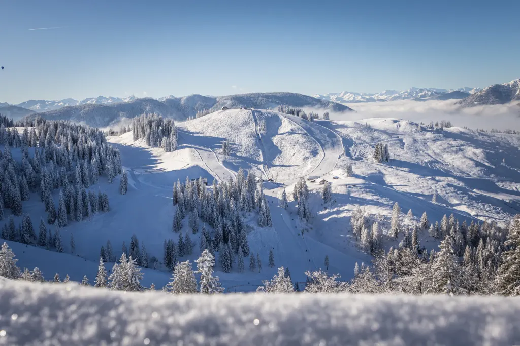 Trasy narciarskie Dachstein West wśród ośnieżonych lasów, w tle pasma Alp nad morzem mgły