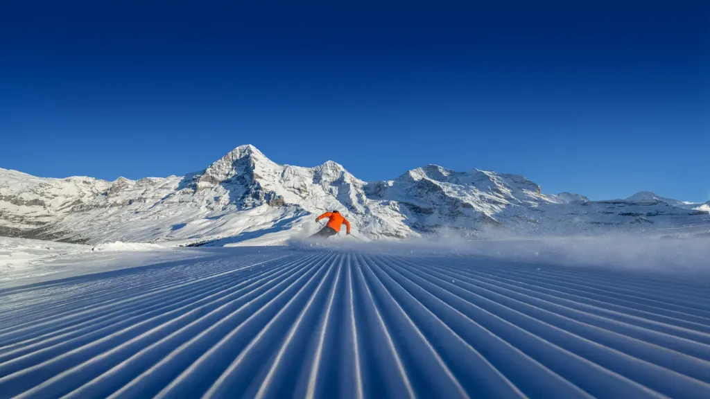 Przygotowana trasa w Jungfrau Ski Region, narciarz pod Eigerem, Mönchem i Jungfrau