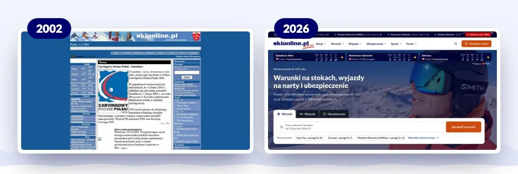 Strona główna skionline.pl z 1 listopada 2002 roku i nowa strona główna