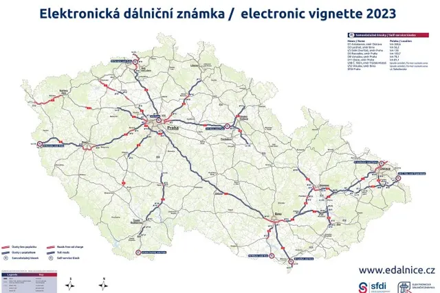 Mapa płatnych odcinków autostrad w Czechach żródło: SFID