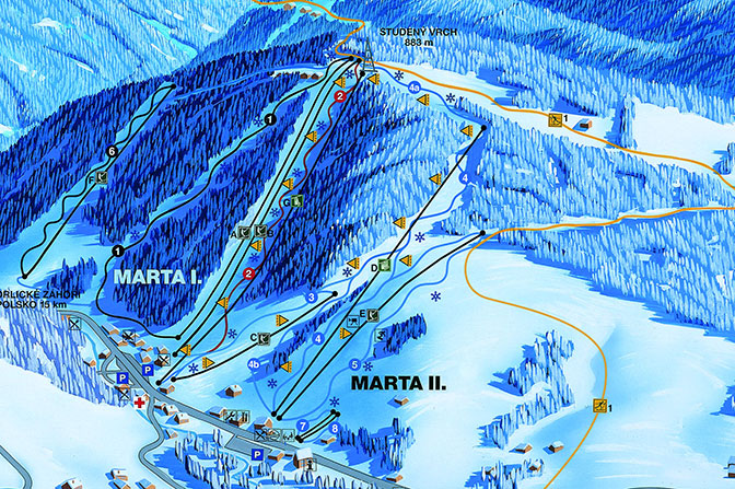 Mapa tras narciarskich ośrodka Deštné v O.h.