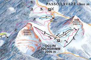 Mapa tras narciarskich ośrodka Val di Fiemme Passo di Lavaze