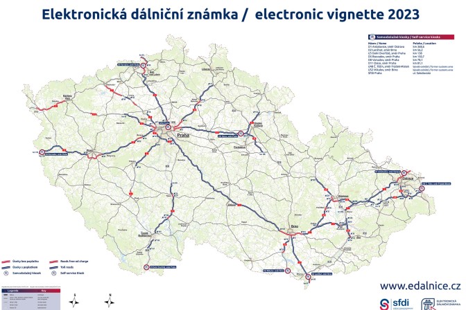 Mapa płatnych odcinków autostrad w Czechach żródło: SFID 